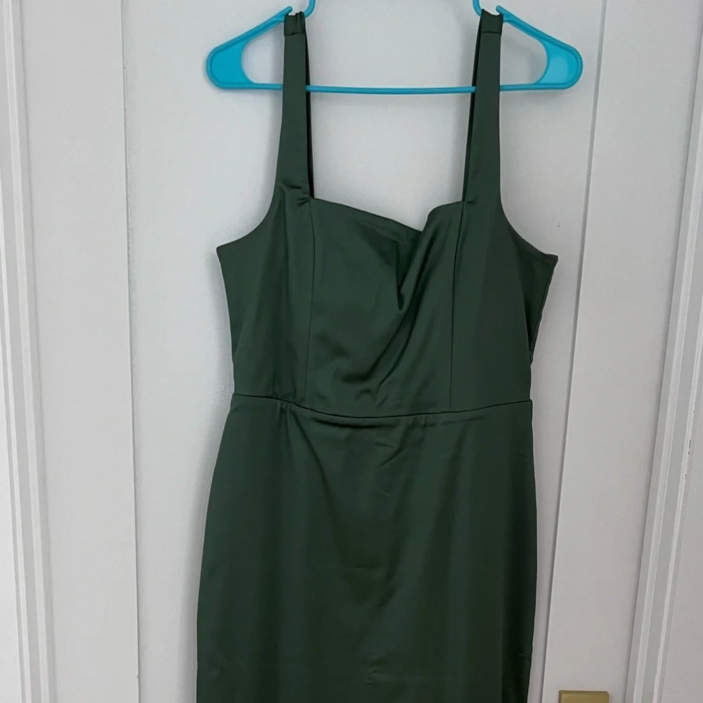 Abercrombie Sculpting Stretch Satin Midi Dress Square-Neck Olive Green - Picture 11 of 12